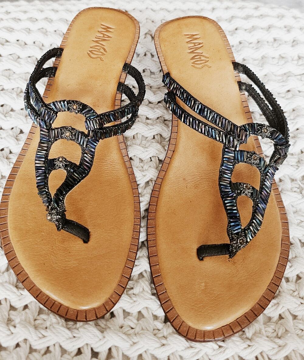 Mangos Beaded Wedge Thong Sandal Multi Color Size 9